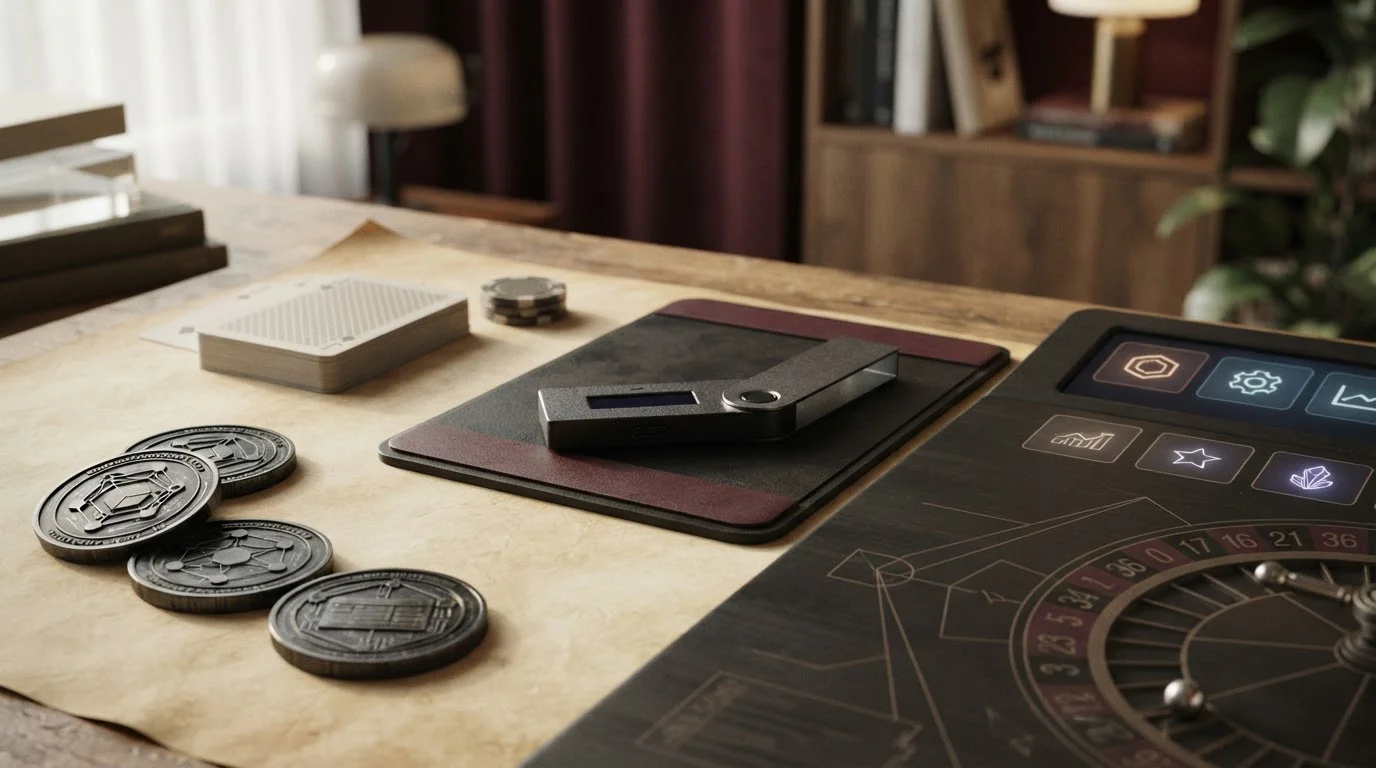 Abstract crypto wallet, casino cards and digital game tiles on an editorial desk