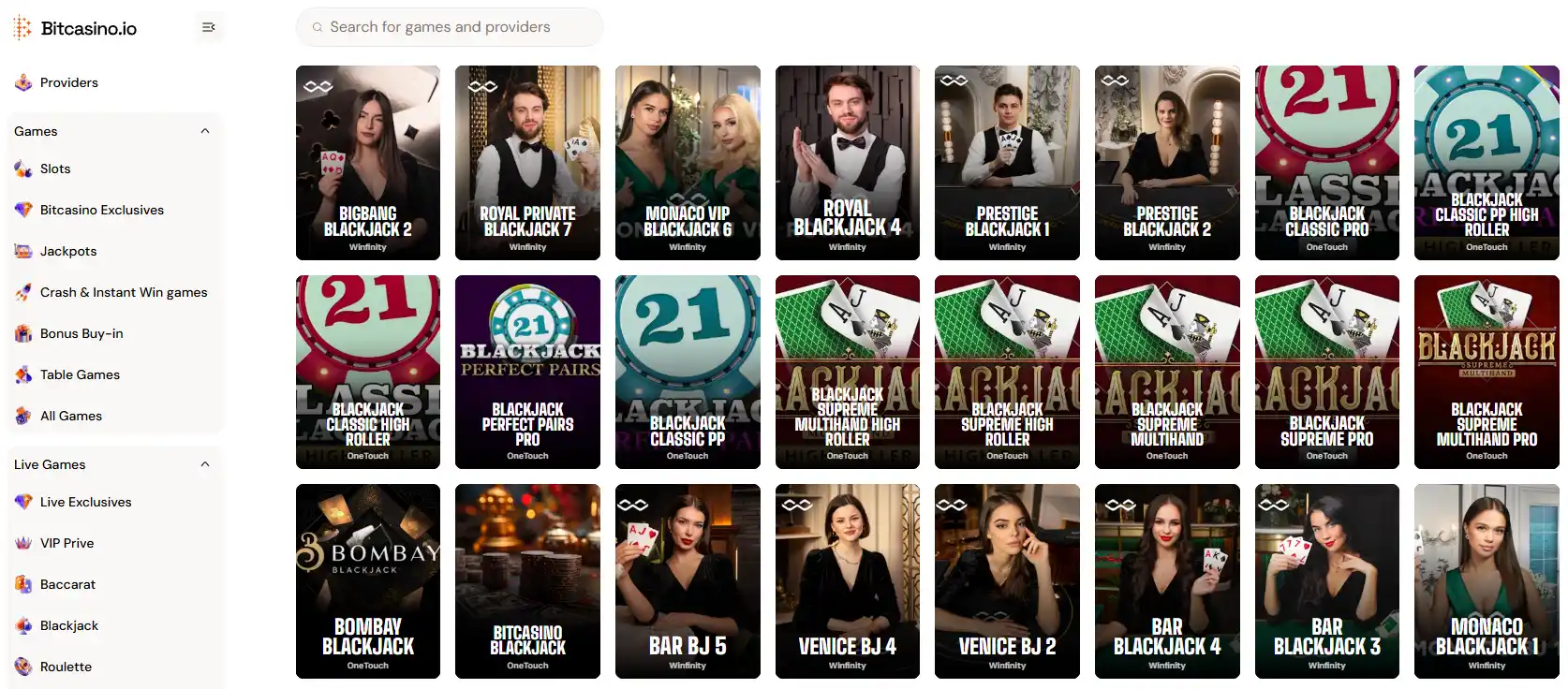 Bitcasino.io Original Blackjack game page with the game area and site navigation