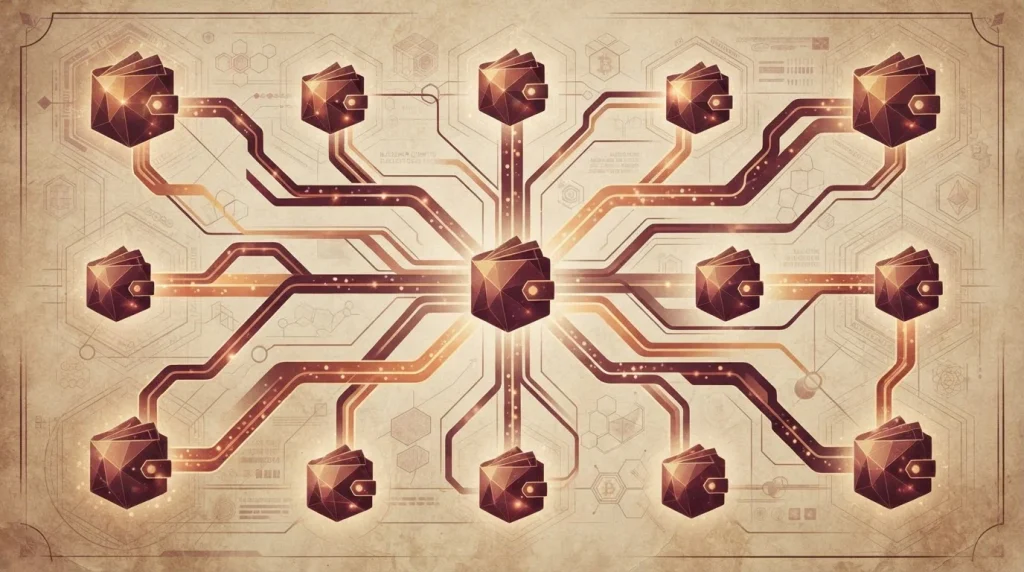 Abstract cryptocurrency routes connecting wallets across several network paths