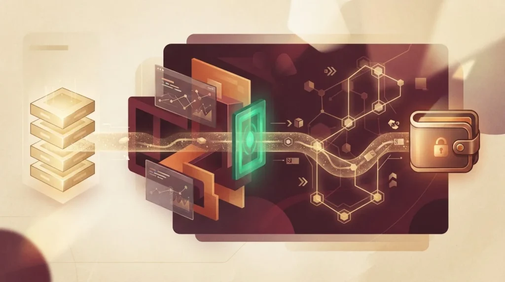 Crypto value moving from an account through a verification checkpoint toward a wallet