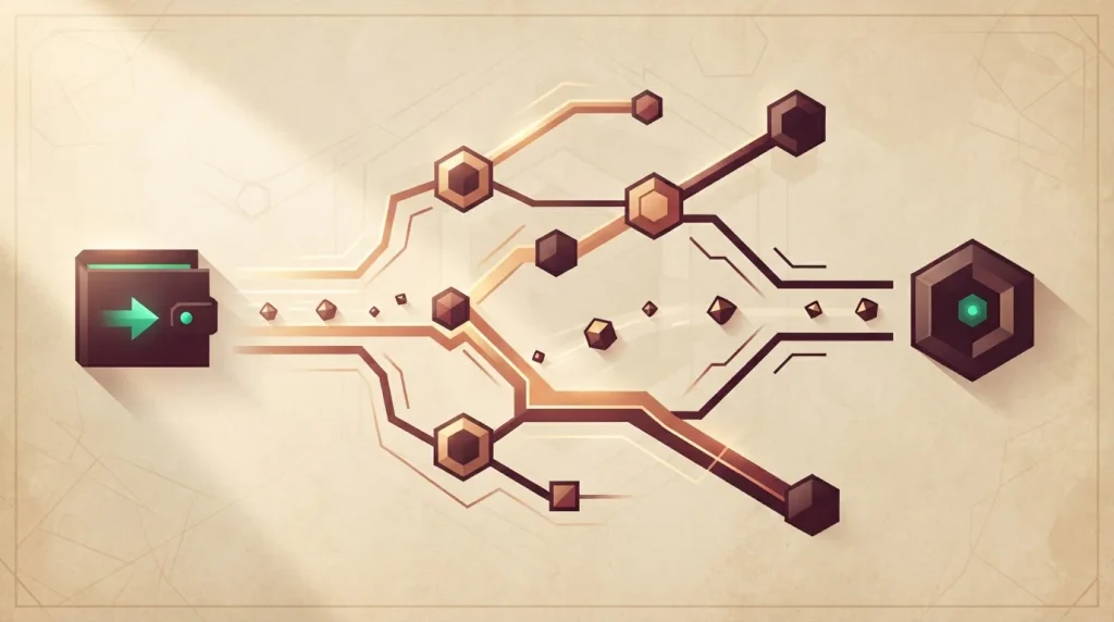 Crypto wallet connected to several abstract blockchain network paths