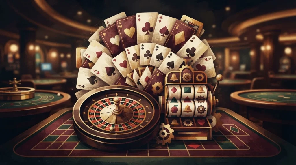 Abstract casino game mosaic with cards, roulette wheel and slot symbols