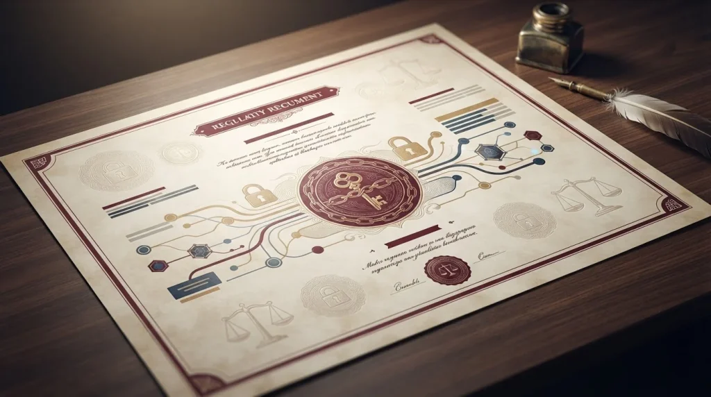 Regulatory document beside abstract crypto security symbols