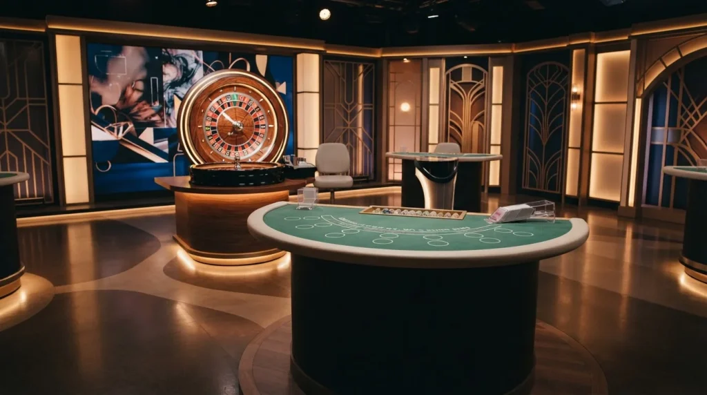 Live casino studio with roulette, blackjack and illuminated game-show tables