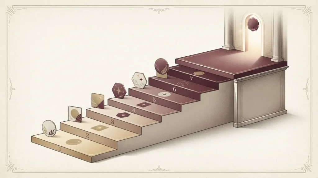 Abstract seven-step loyalty staircase with neutral tier emblems and a separate upper platform