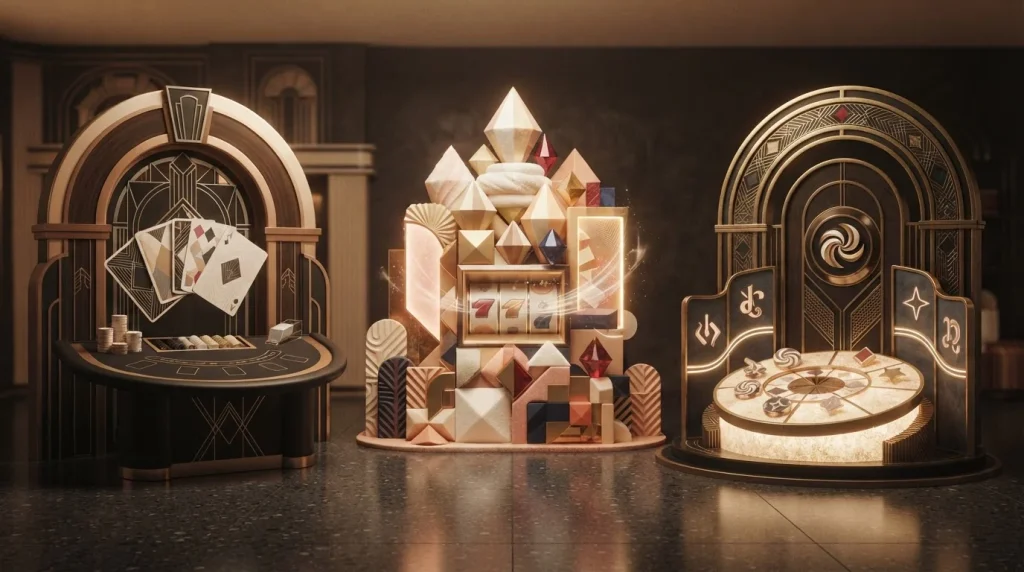 Abstract casino game tiles with cards, gates and confectionery motifs